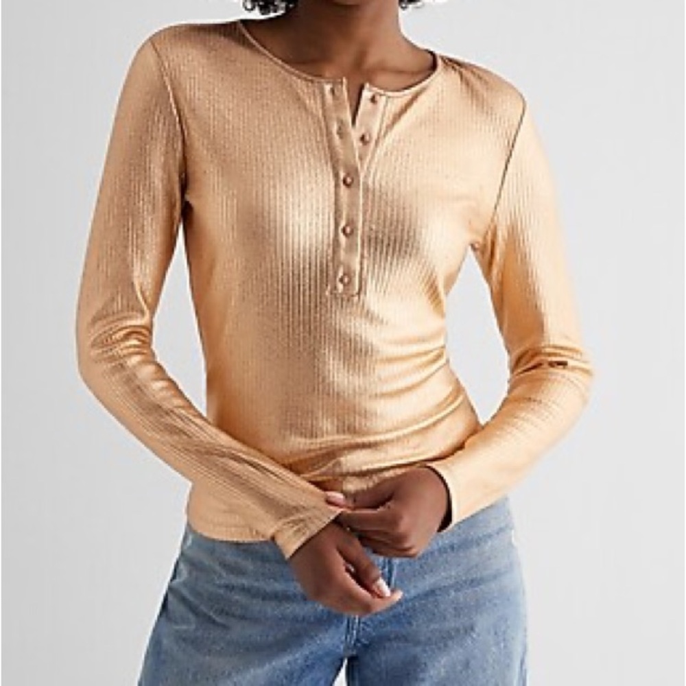 Express Ribbed Foil Metallic Long Sleeve Top